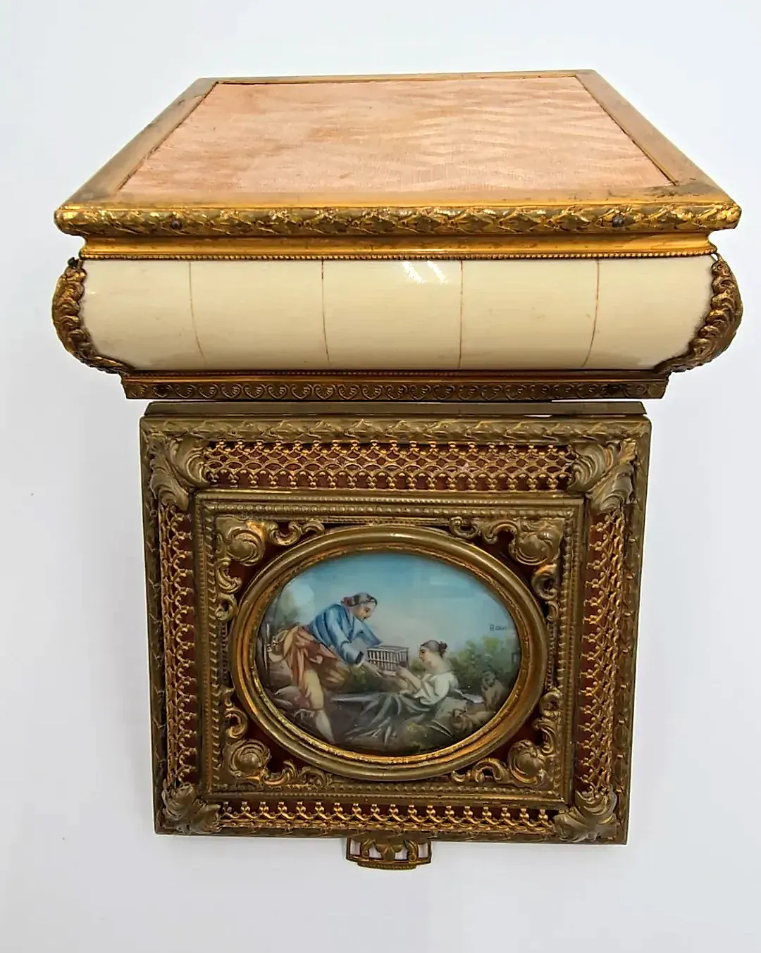 Antique Italian Gilt Metal Jewelry Casket Boucher Scene Velvet Lined — underside