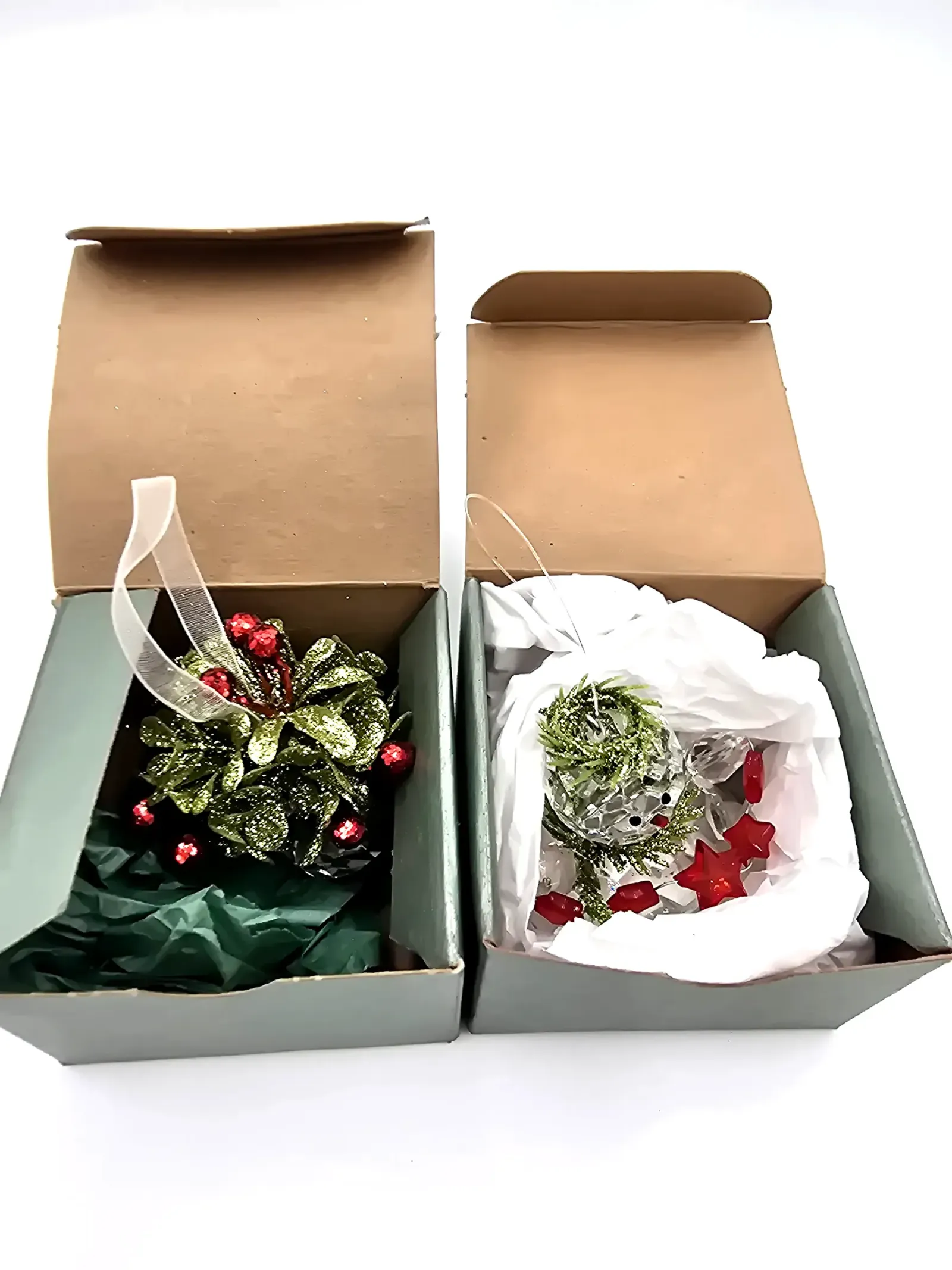 2 Ganz Kissing Krystals Ornaments Mistletoe Jewel & Snowman Star Garland Boxed — side view