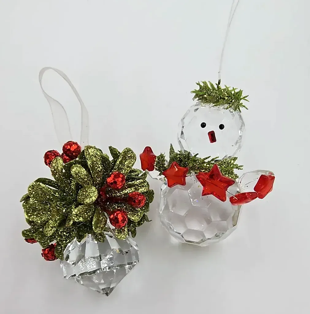 2 Ganz Kissing Krystals Ornaments Mistletoe Jewel & Snowman Star Garland Boxed