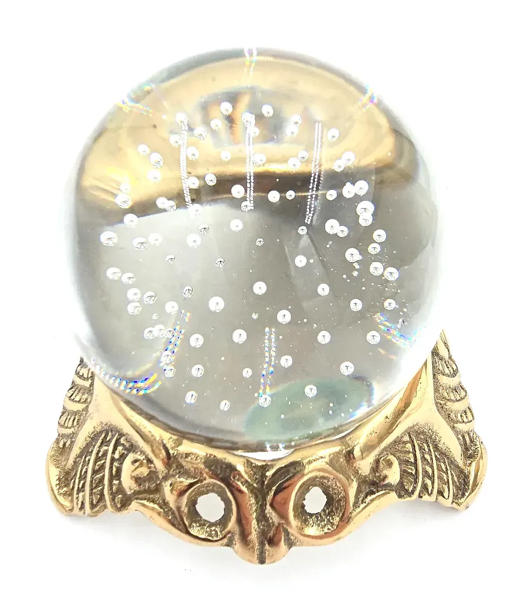Vintage 1970s Blown Bubble Glass Crystal Ball Paperweight W/ Brass Stand — side view