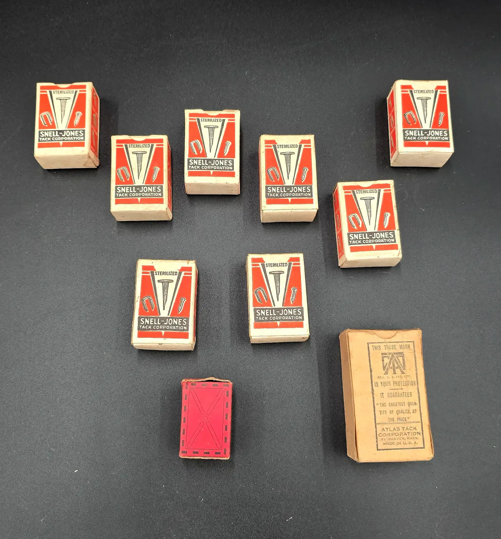 Vintage Upholstery Tack Nail Box Lot Snell-Jones Atlas Advertising Hardware