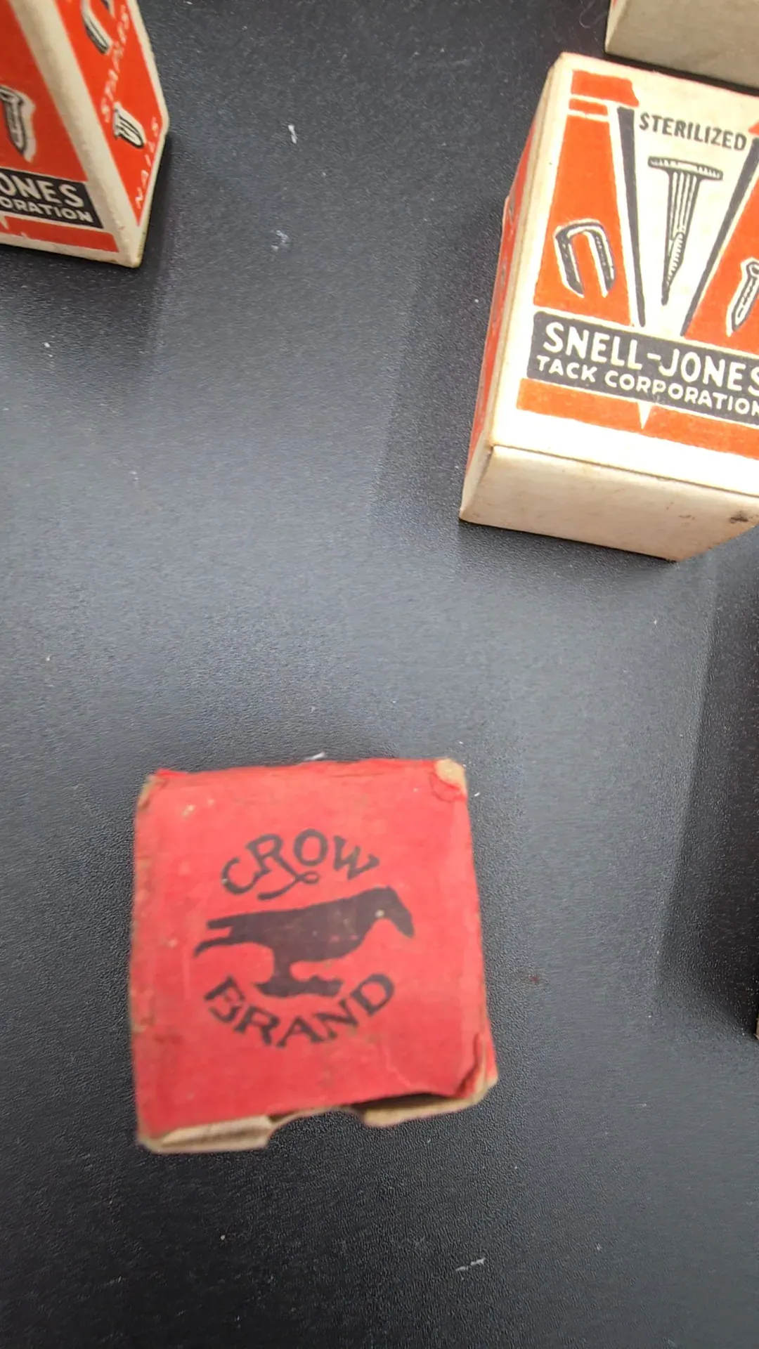 Vintage Upholstery Tack Nail Box Lot Snell-Jones Atlas Advertising Hardware — underside