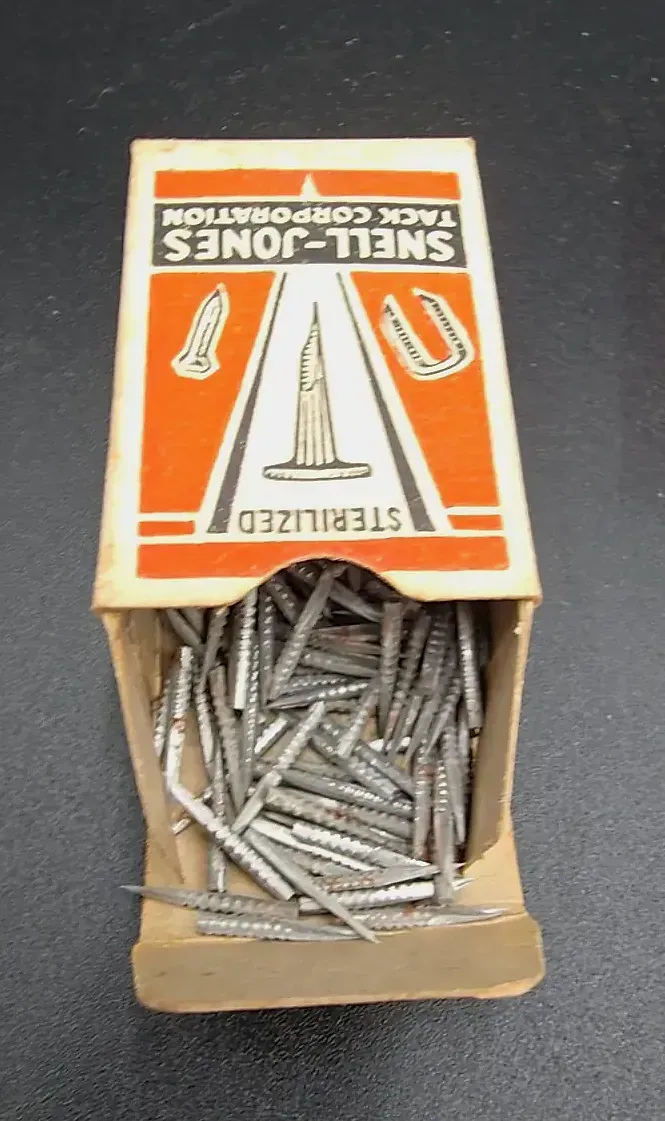 Vintage Upholstery Tack Nail Box Lot Snell-Jones Atlas Advertising Hardware — side view