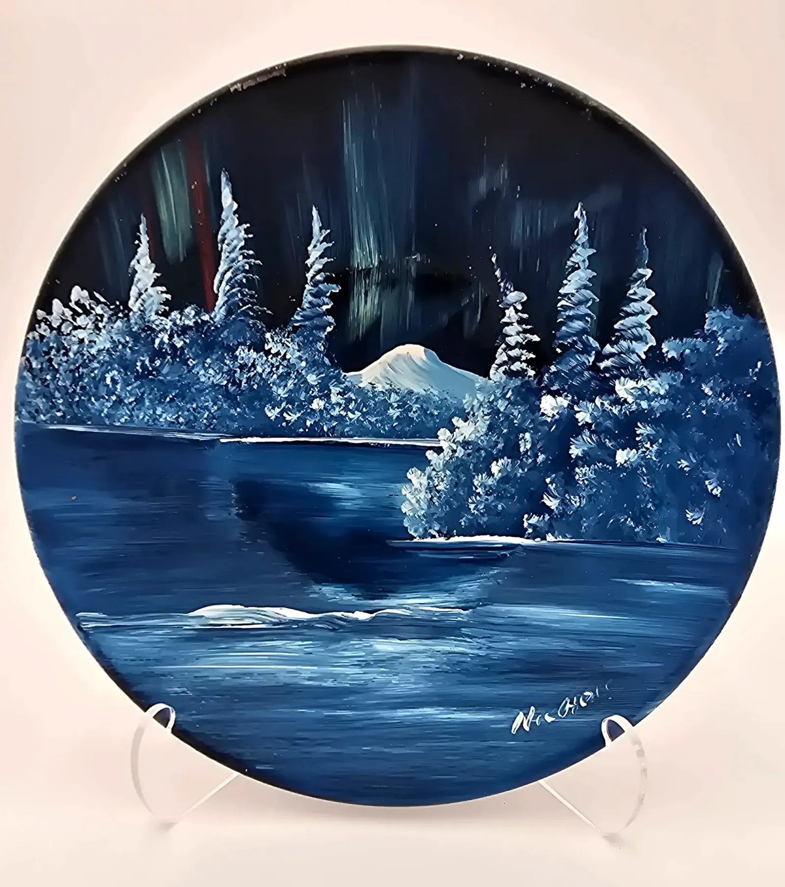 Hand Painted Winter Landscape Metal Tray Signed Nichols Aurora Borealis Snow Scene
