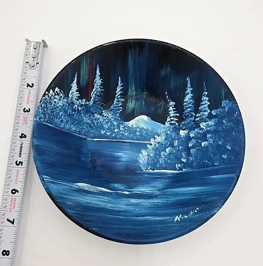 Hand Painted Winter Landscape Metal Tray Signed Nichols Aurora Borealis Snow Scene