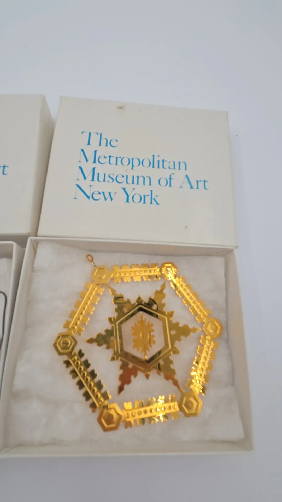 Lot of 2 MMA Christopher Dresser 3D Snowflake Ornaments Gold Plated Met Box — side view