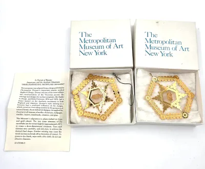 Lot of 2 MMA Christopher Dresser 3D Snowflake Ornaments Gold Plated Met Box