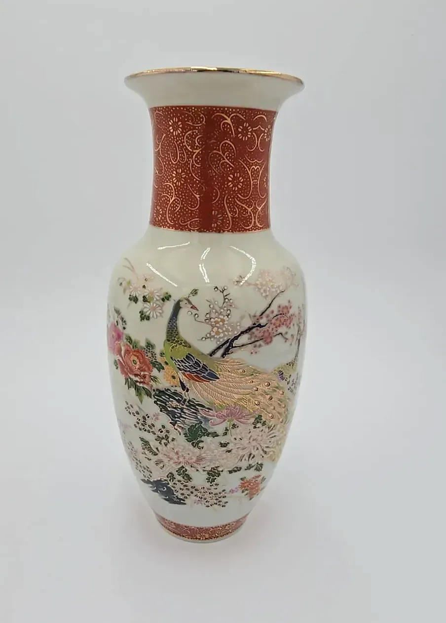 Vintage Japanese Satsuma Style Porcelain Vase Peacock