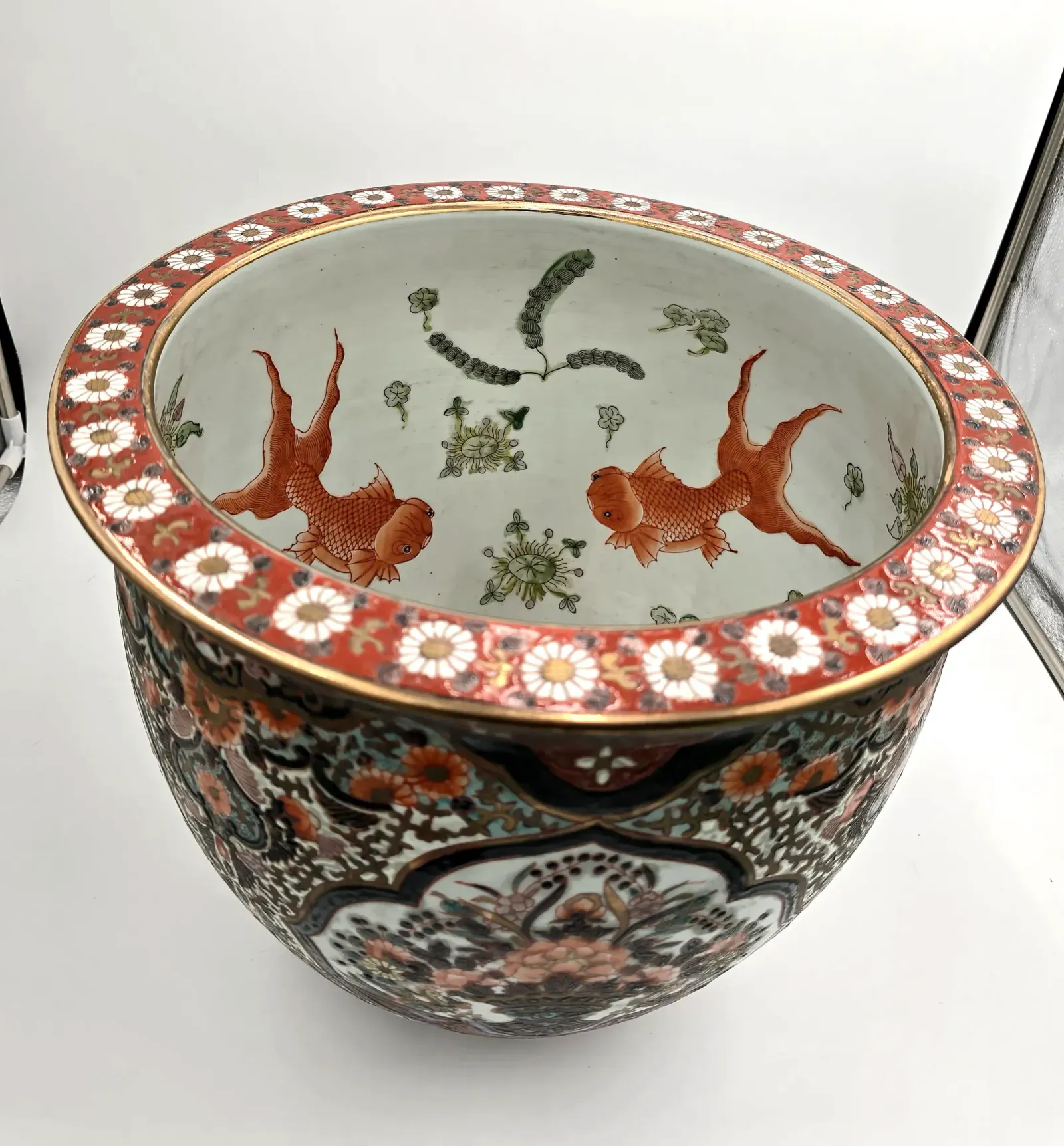 Vintage Macau Famille Noire Porcelain Koi Fish Bowl Planter Jardiniere