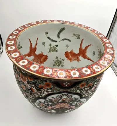 Vintage Macau Famille Noire Porcelain Koi Fish Bowl Planter Jardiniere