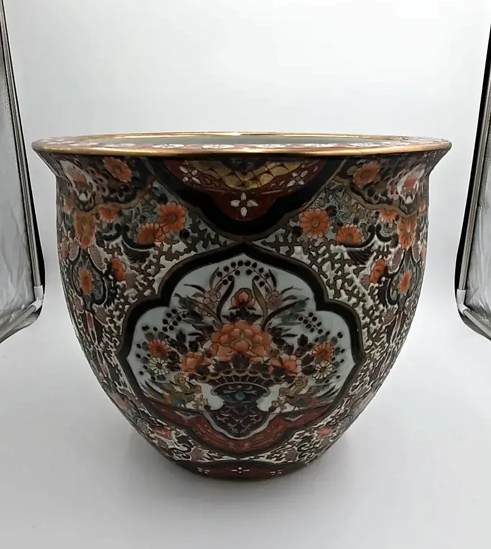 Vintage Macau Famille Noire Porcelain Koi Fish Bowl Planter Jardiniere — side view