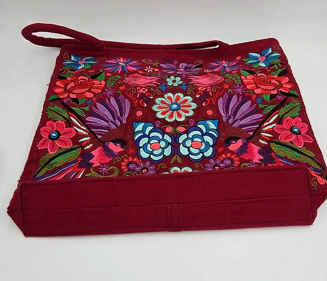 Mexican Embroidered Tote Bag Bird Floral Maroon Burgundy Canvas Purse Large — underside