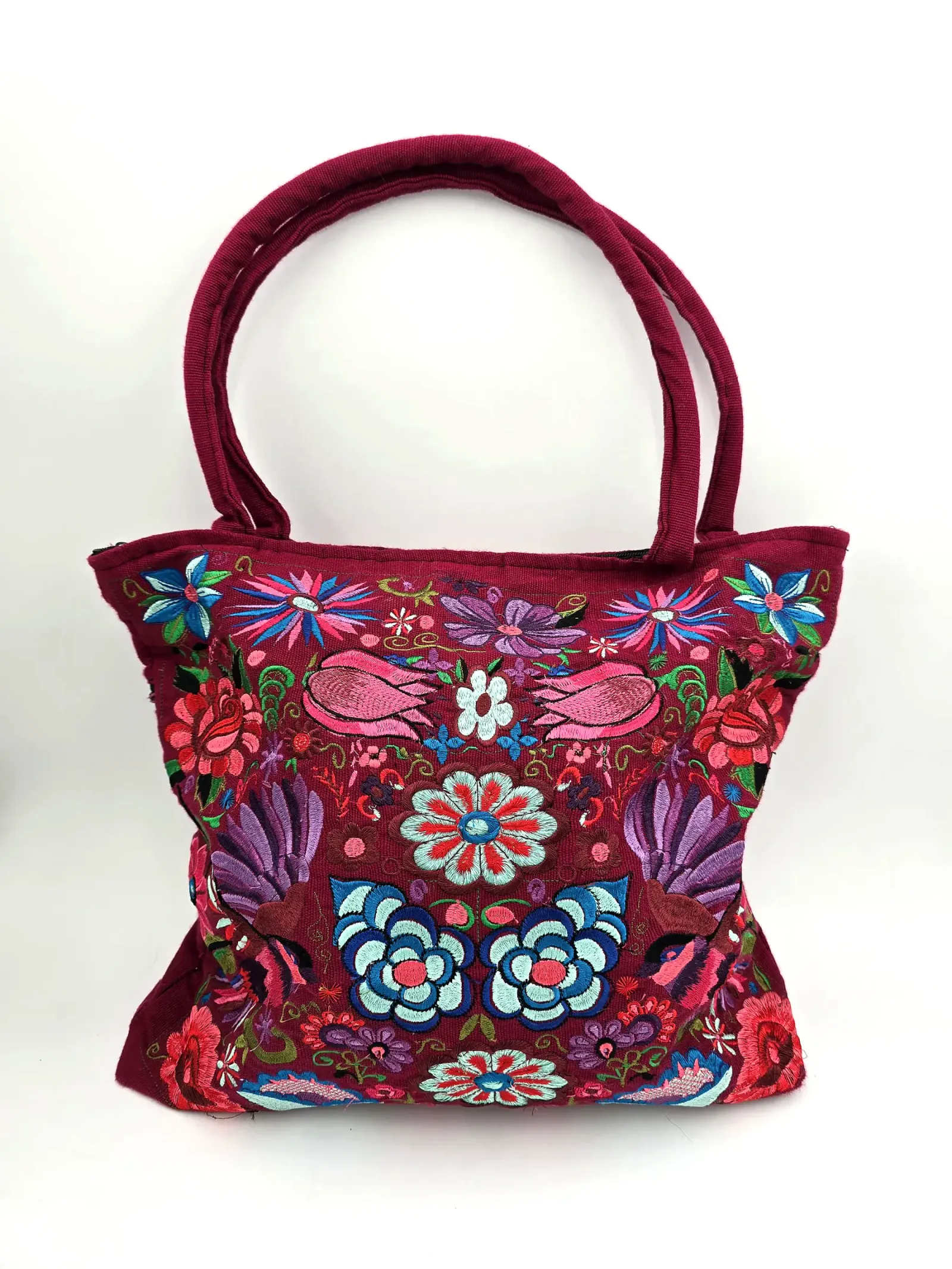 Mexican Embroidered Tote Bag Bird Floral Maroon Burgundy Canvas Purse Large