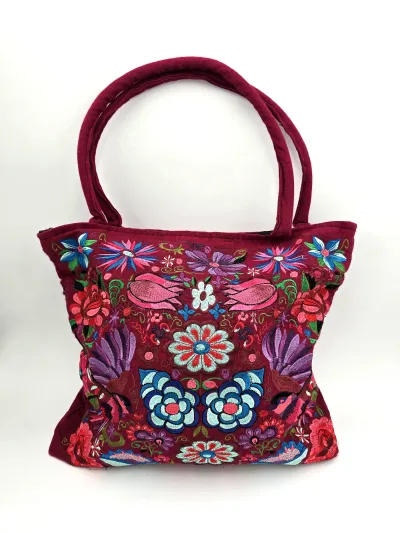 Mexican Embroidered Tote Bag Bird Floral Maroon Burgundy Canvas Purse Large