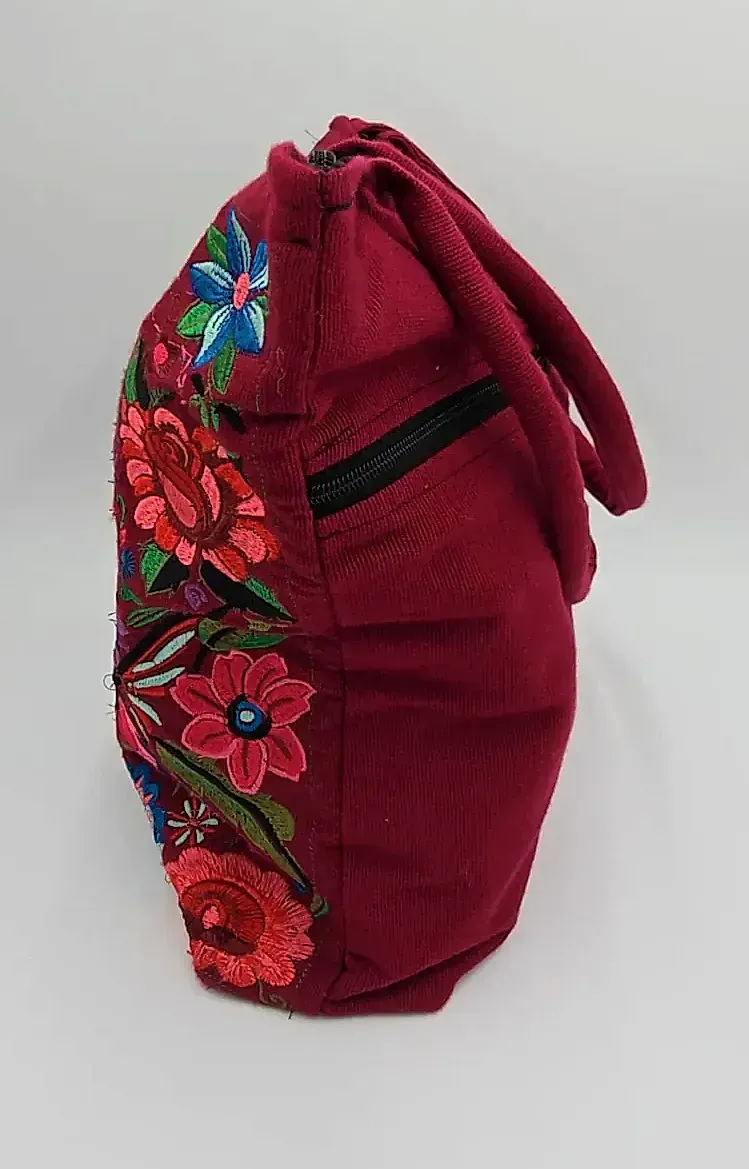 Mexican Embroidered Tote Bag Bird Floral Maroon Burgundy Canvas Purse Large — side view