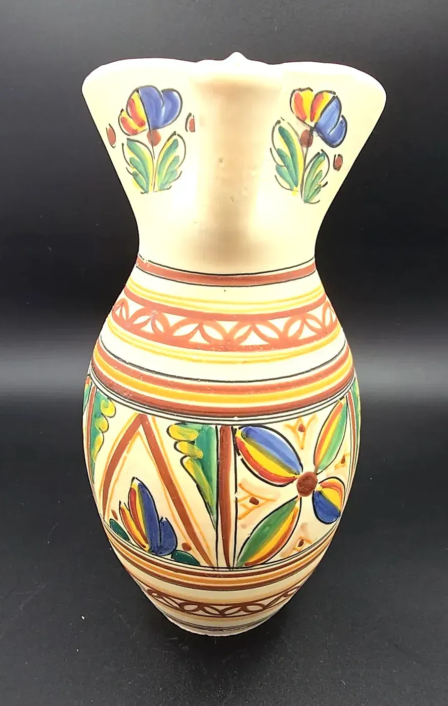 Vintage Pottery Pitcher Hand Painted Floral Jug — side view
