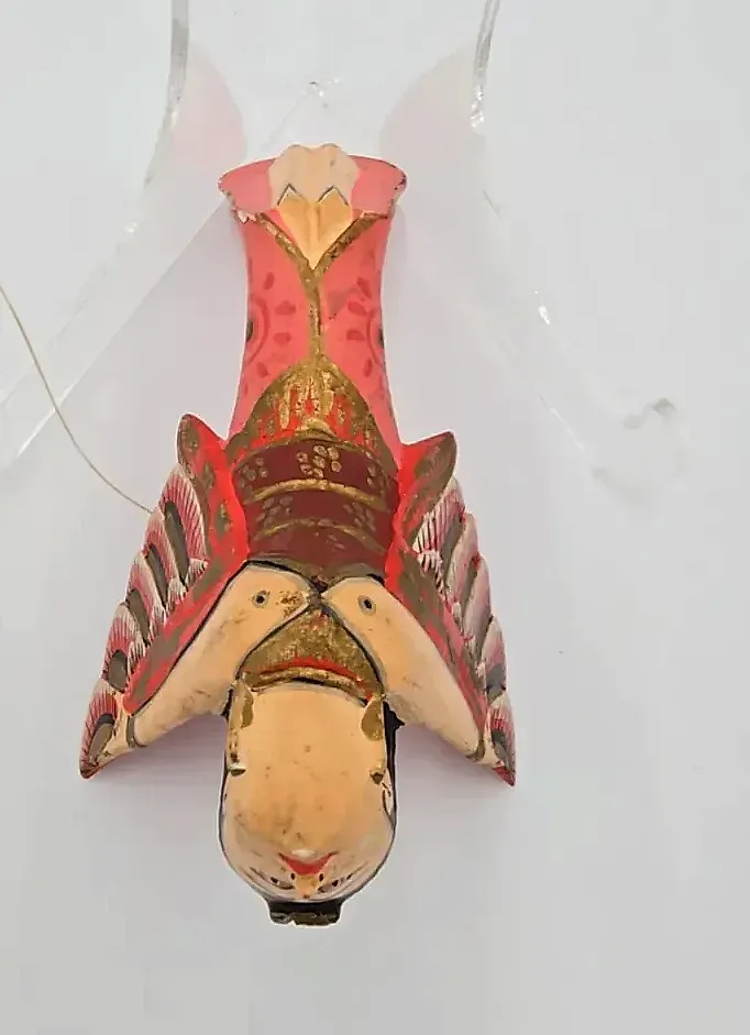 Vintage Hand Carved Flying Kinnari Goddess Wood Hanging Folk Art Bali Red Wings