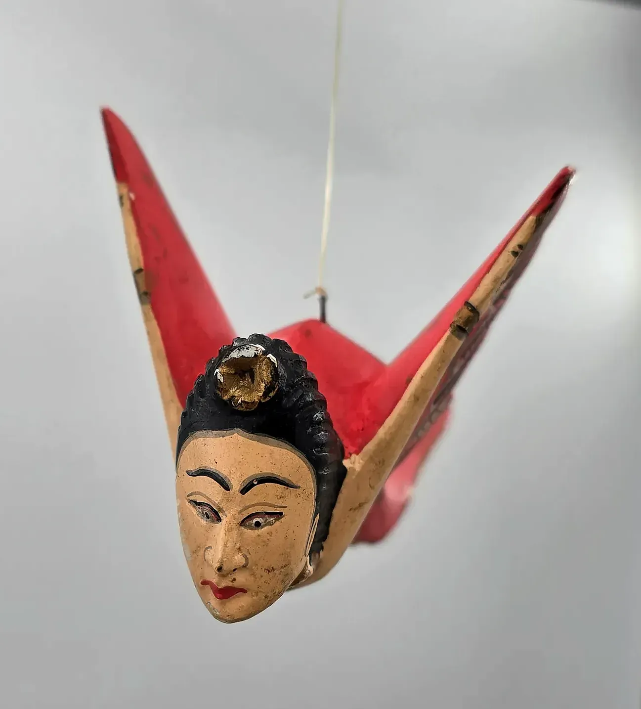 Vintage Hand Carved Flying Kinnari Goddess Wood Hanging Folk Art Bali Red Wings