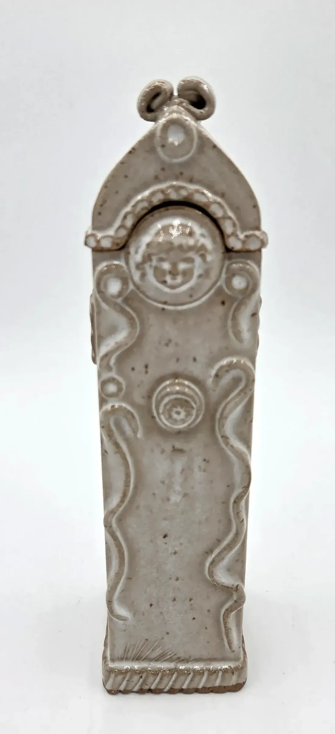 R Pinkus Studio Pottery Grandfather Clock Jar Figural Ceramic Sculpture 2004