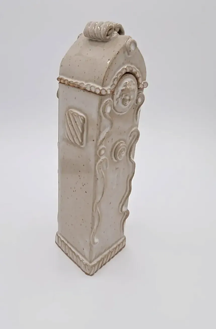 R Pinkus Studio Pottery Grandfather Clock Jar Figural Ceramic Sculpture 2004 — side view