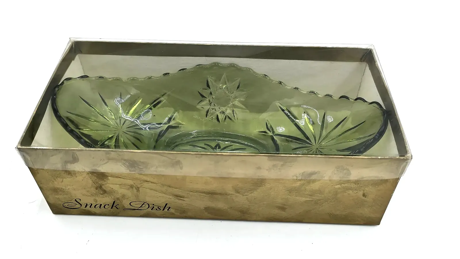 NOS Vintage Anchor Hocking Olive Green Snack Dish Prescut Star of David Boxed
