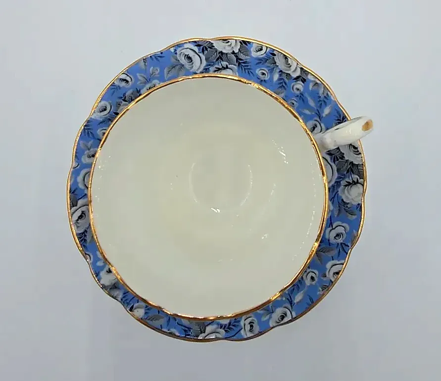 Vintage Grosvenor Bone China Tea Cup Saucer Blue Chintz Floral Gold England — maker's mark