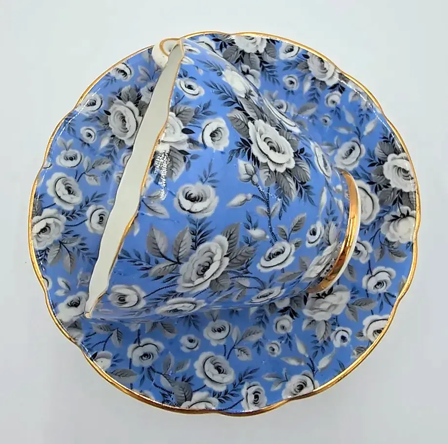 Vintage Grosvenor Bone China Tea Cup Saucer Blue Chintz Floral Gold England — underside