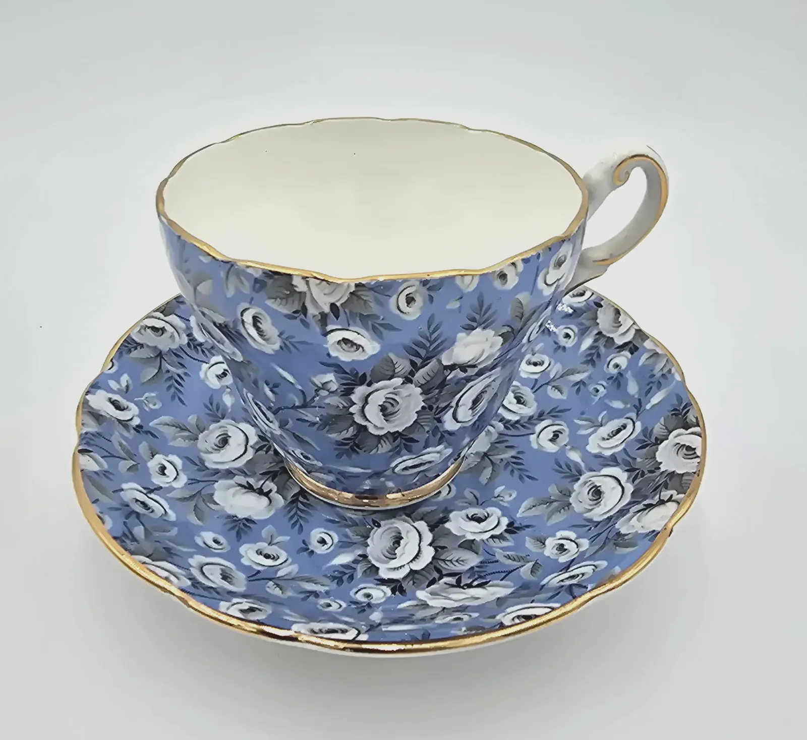 Vintage Grosvenor Bone China Tea Cup Saucer Blue Chintz Floral Gold England