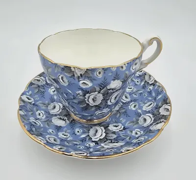 Vintage Grosvenor Bone China Tea Cup Saucer Blue Chintz Floral Gold England