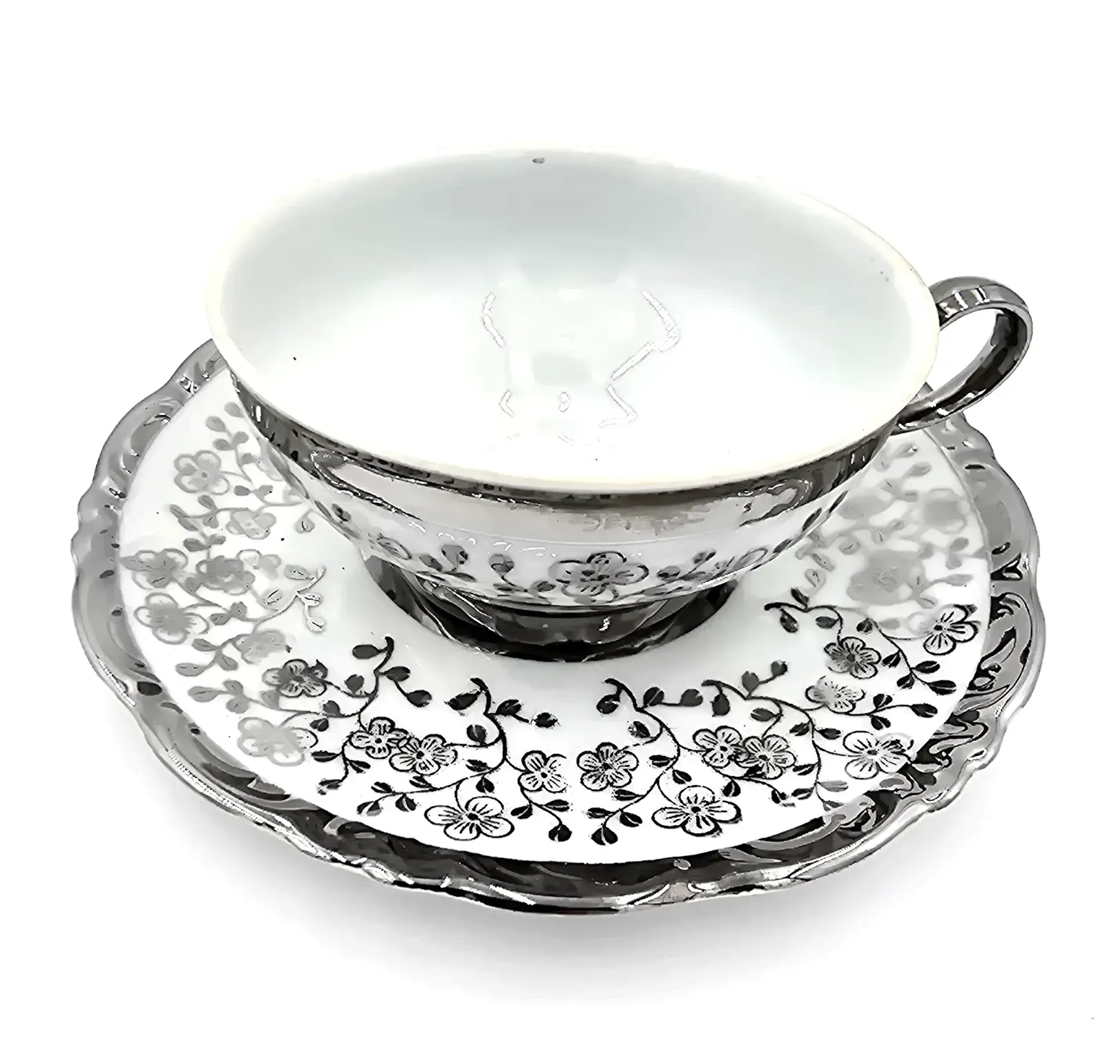 Vintage Schirnding Bavaria Germany Silver Floral Tea Cup & Saucer Porcelain