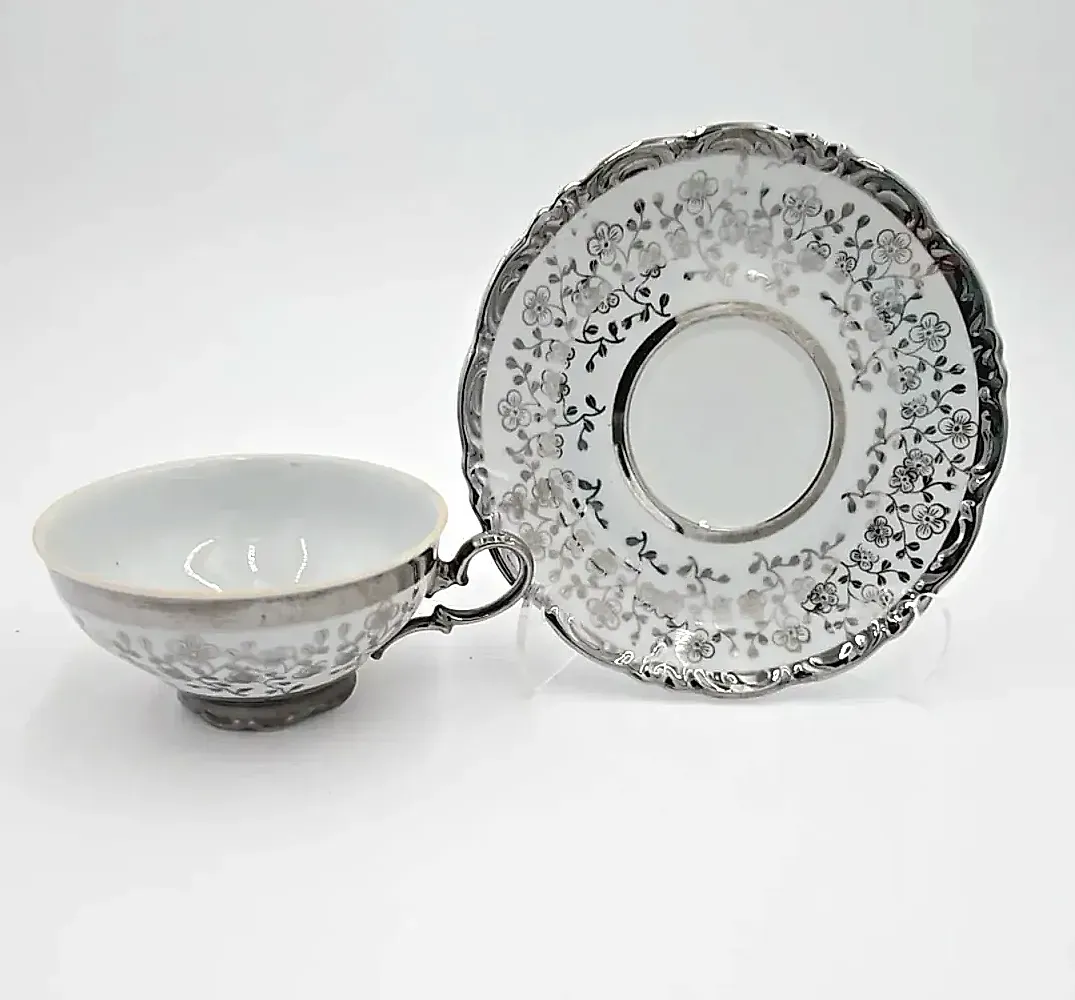 Vintage Schirnding Bavaria Germany Silver Floral Tea Cup & Saucer Porcelain