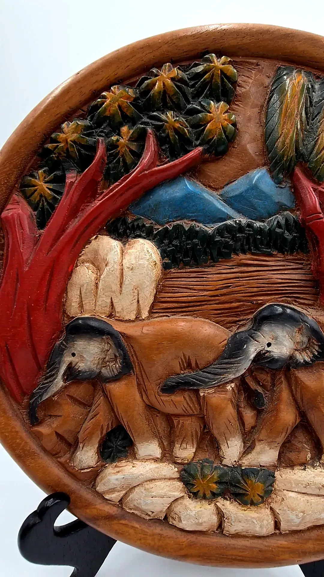 Vintage Hand Carved & Painted Wooden Wall Plaque - Elephants Jungle Landscape — detail