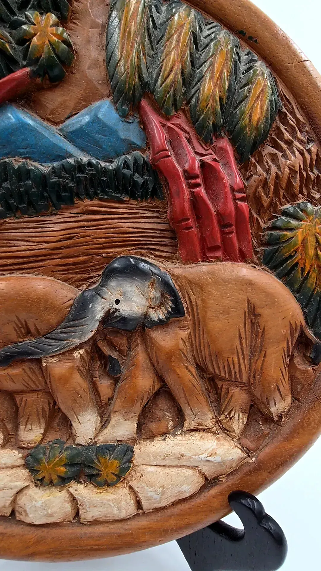 Vintage Hand Carved & Painted Wooden Wall Plaque - Elephants Jungle Landscape — side view