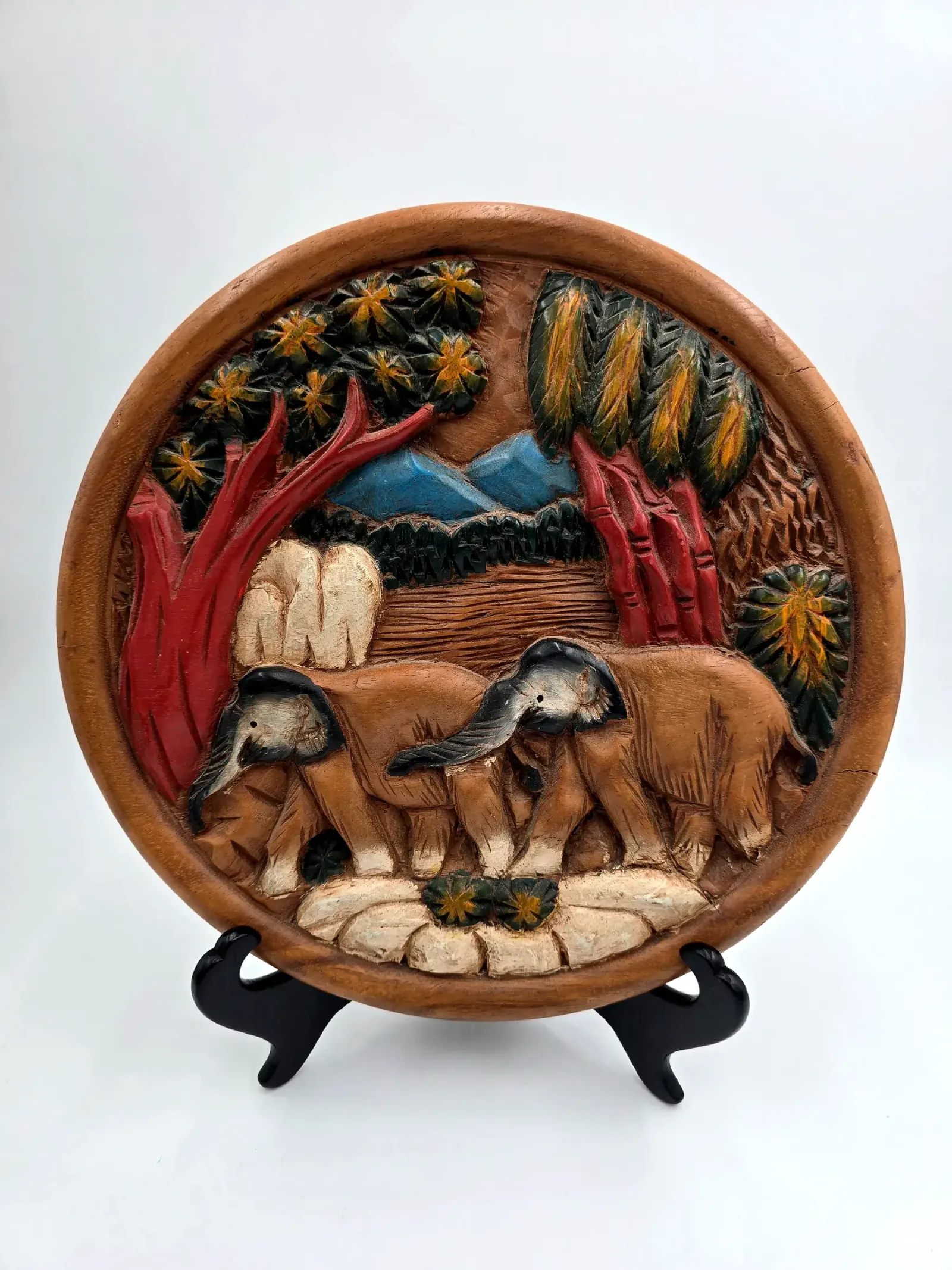 Vintage Hand Carved & Painted Wooden Wall Plaque - Elephants Jungle Landscape