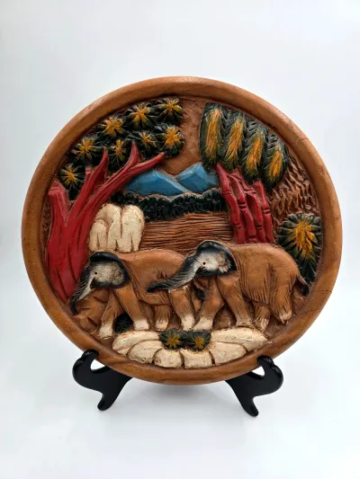 Vintage Hand Carved & Painted Wooden Wall Plaque - Elephants Jungle Landscape