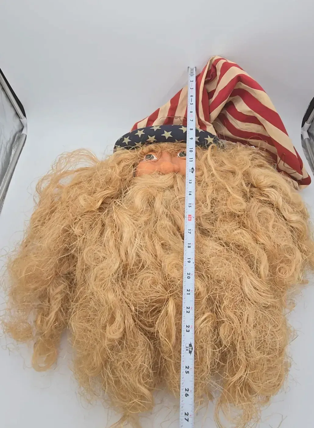 VTG FABRIC SANTA FACE HEAD WALL HANGING W/ Straw Beard~Patriotic