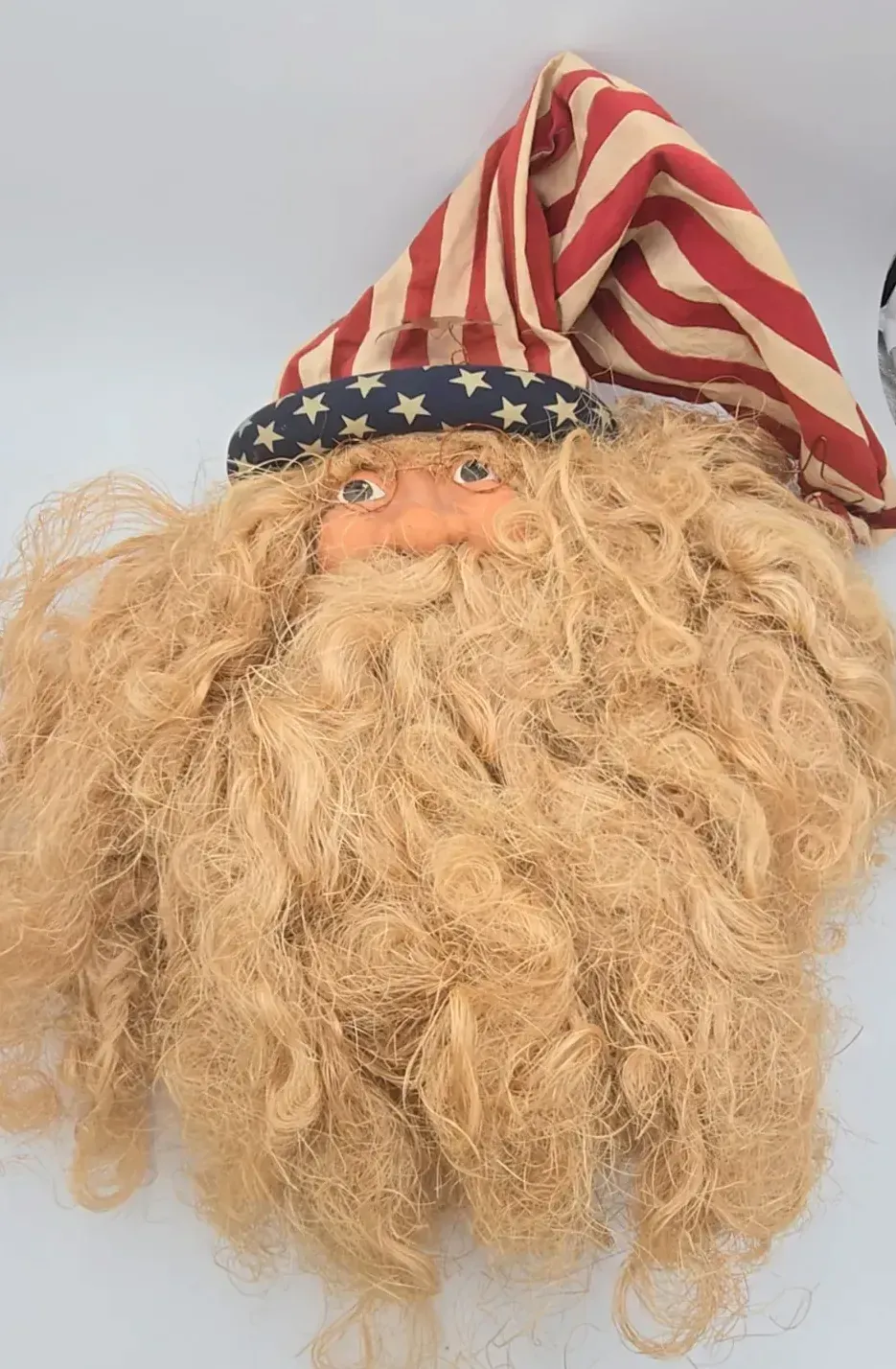 VTG FABRIC SANTA FACE HEAD WALL HANGING W/ Straw Beard~Patriotic