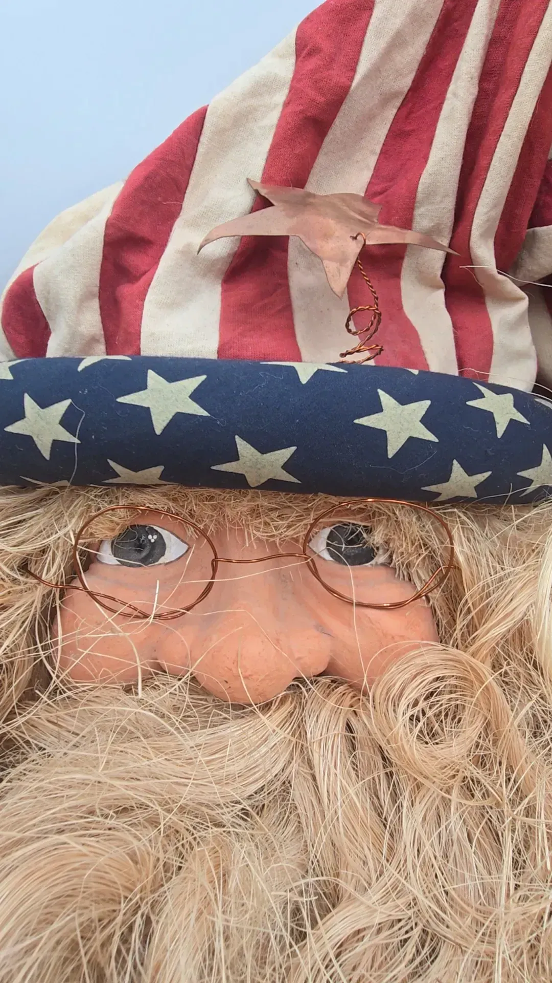 VTG FABRIC SANTA FACE HEAD WALL HANGING W/ Straw Beard~Patriotic