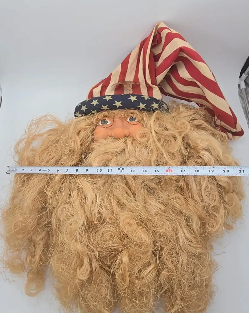 VTG FABRIC SANTA FACE HEAD WALL HANGING W/ Straw Beard~Patriotic
