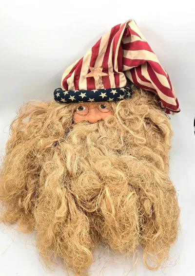 VTG FABRIC SANTA FACE HEAD WALL HANGING W/ Straw Beard~Patriotic