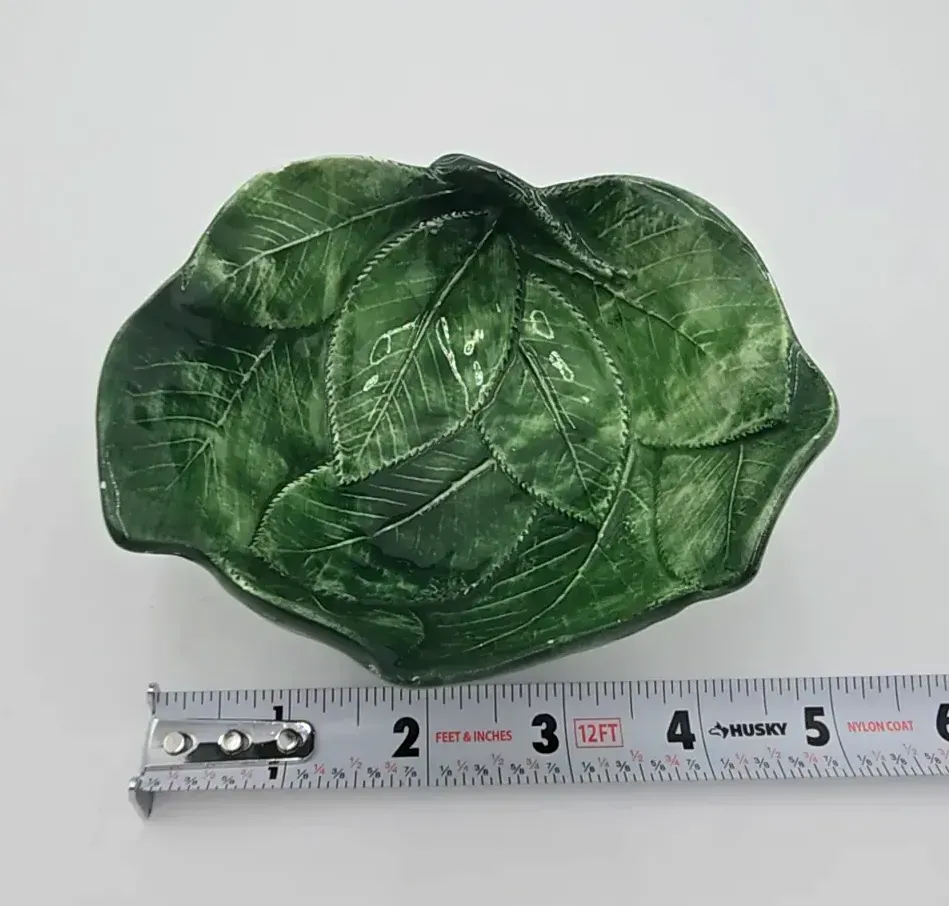 Vintage Made in Italy Green Leaf Majolica style Pottery Trinket Bowl