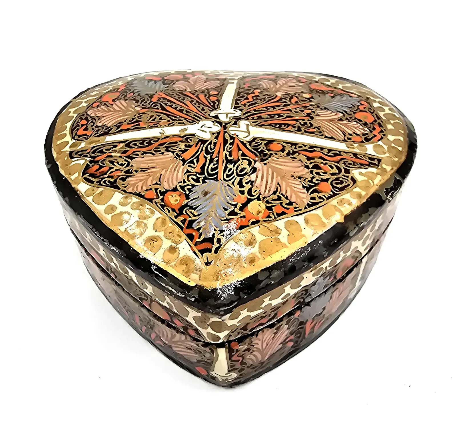 Vintage Kashmiri Papier Mache Heart Trinket Box Hand Painted India Floral Gold