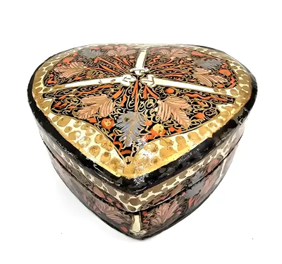 Vintage Kashmiri Papier Mache Heart Trinket Box Hand Painted India Floral Gold
