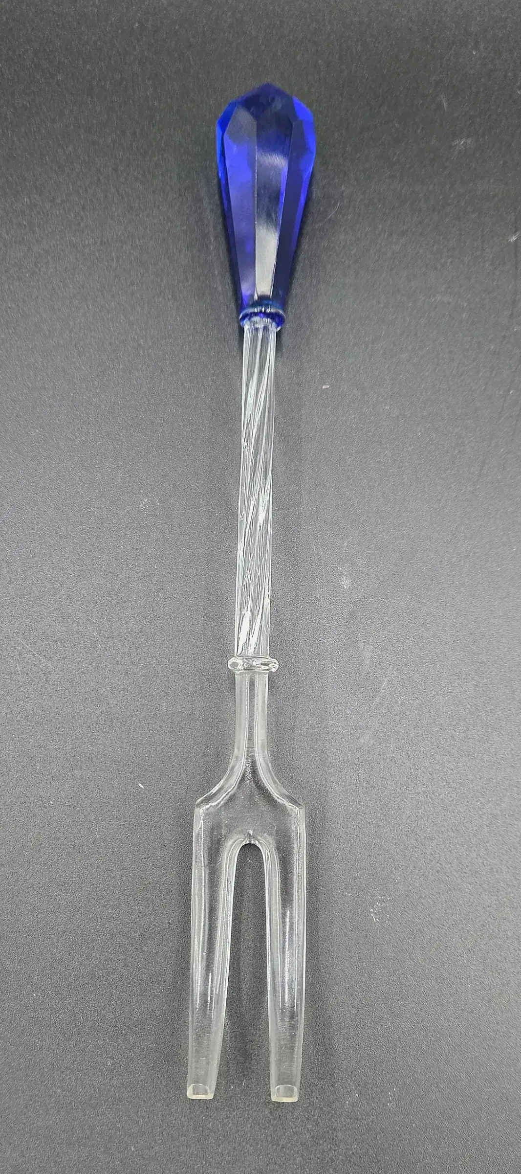 Vintage Cobalt Blue & Clear Glass Pickle Olive Relish Fork Twisted Stem