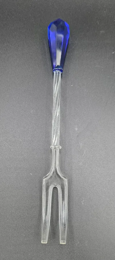 Vintage Cobalt Blue & Clear Glass Pickle Olive Relish Fork Twisted Stem