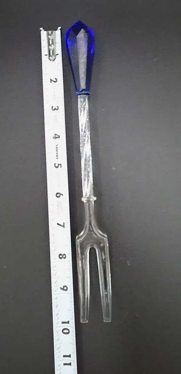 Vintage Cobalt Blue & Clear Glass Pickle Olive Relish Fork Twisted Stem