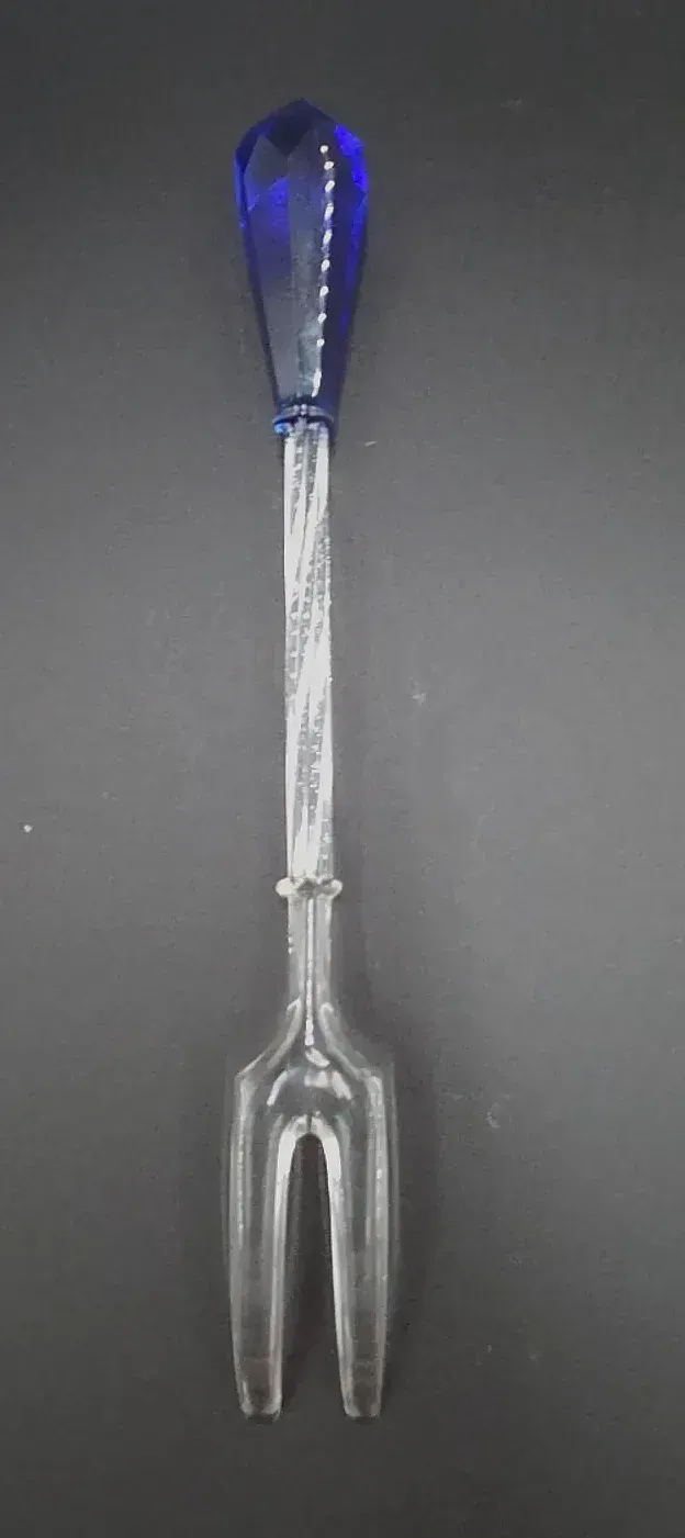 Vintage Cobalt Blue & Clear Glass Pickle Olive Relish Fork Twisted Stem