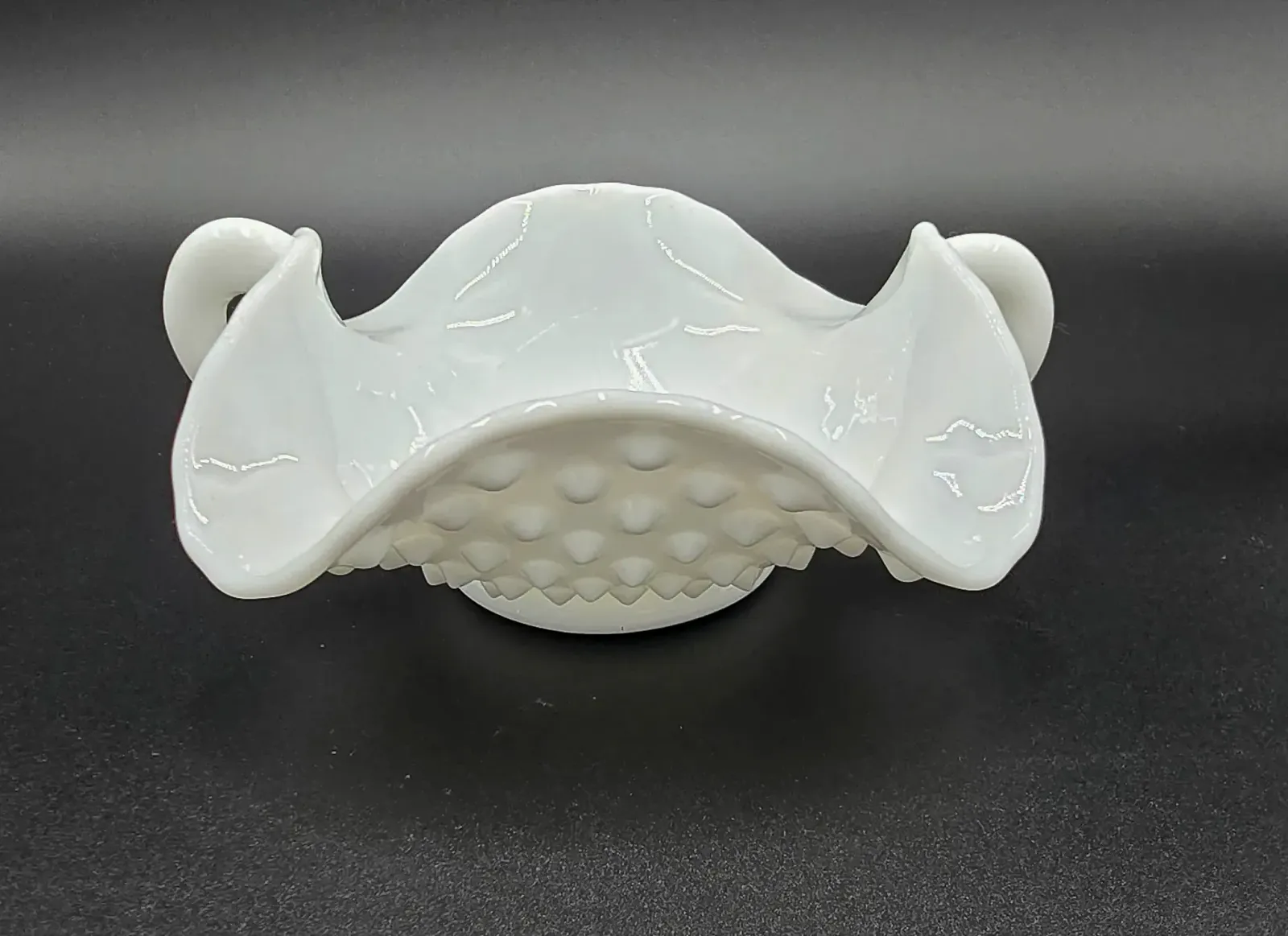 Vintage White Milk Glass Double Handled Ruffled Bowl