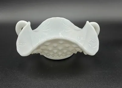 Vintage White Milk Glass Double Handled Ruffled Bowl