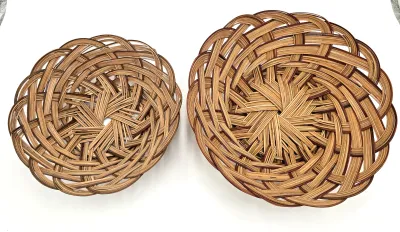 Vintage Rattan Wicker Baskets Set of 2 Scalloped Open Weave Boho